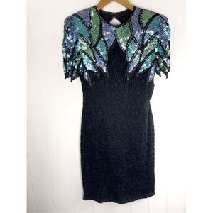 SCALA Vintage Pure Silk Beaded Sequin Cocktail Dress Black‎ Size M